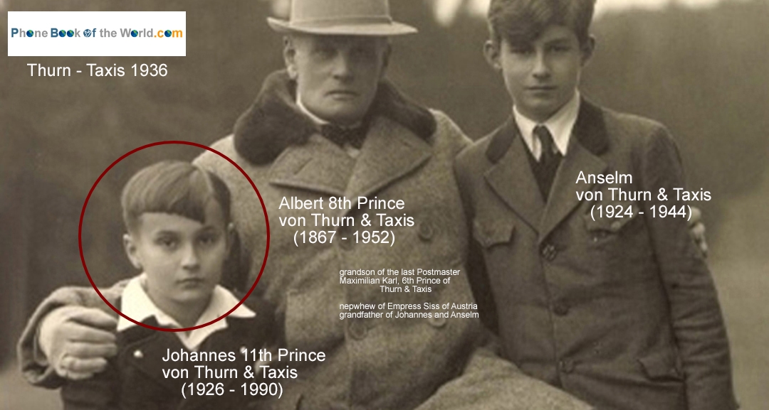 1930s: Albert 8th Prince of Thurn und Taxis (1885 - 1952) loved to tell his grandsons crazy & funny stories about his ancestors Telecom (postal) company. 1986, Johannes, later 11th Prince of Thurn und Taxis (1926 - 1990) pushed the start of our Telecom activities in the old Paris Postal mansion resulting in todays Phone Book of the World. Johannes von Thurn Taxis