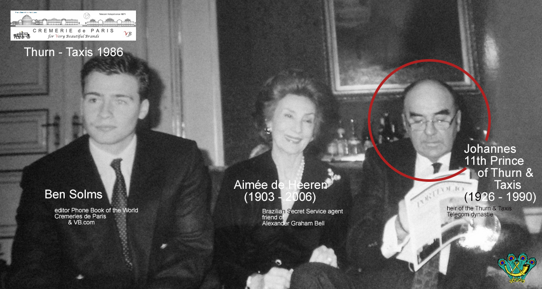 1986: Johannes Thurn & Taxis showed us the old VB Postal Mansion, 250 years earlier one of the centers of the European Postal system. His 6x great grandfather Anselm Franz von Thurn & Taxis was connetcted to our building. Thurn & Taxis wanted us to wake up the sleeping Spirit of Telecomunications he beleived had remained in our walls. The start was a test project, a small next door Boutique for Sony Phones. Also in the picture Aimee de Heeren (that had met the inventor of the phone Alexander Bell when she was a young women) and the editor of the Phone Book of the World. Johannes von Thurn Taxis